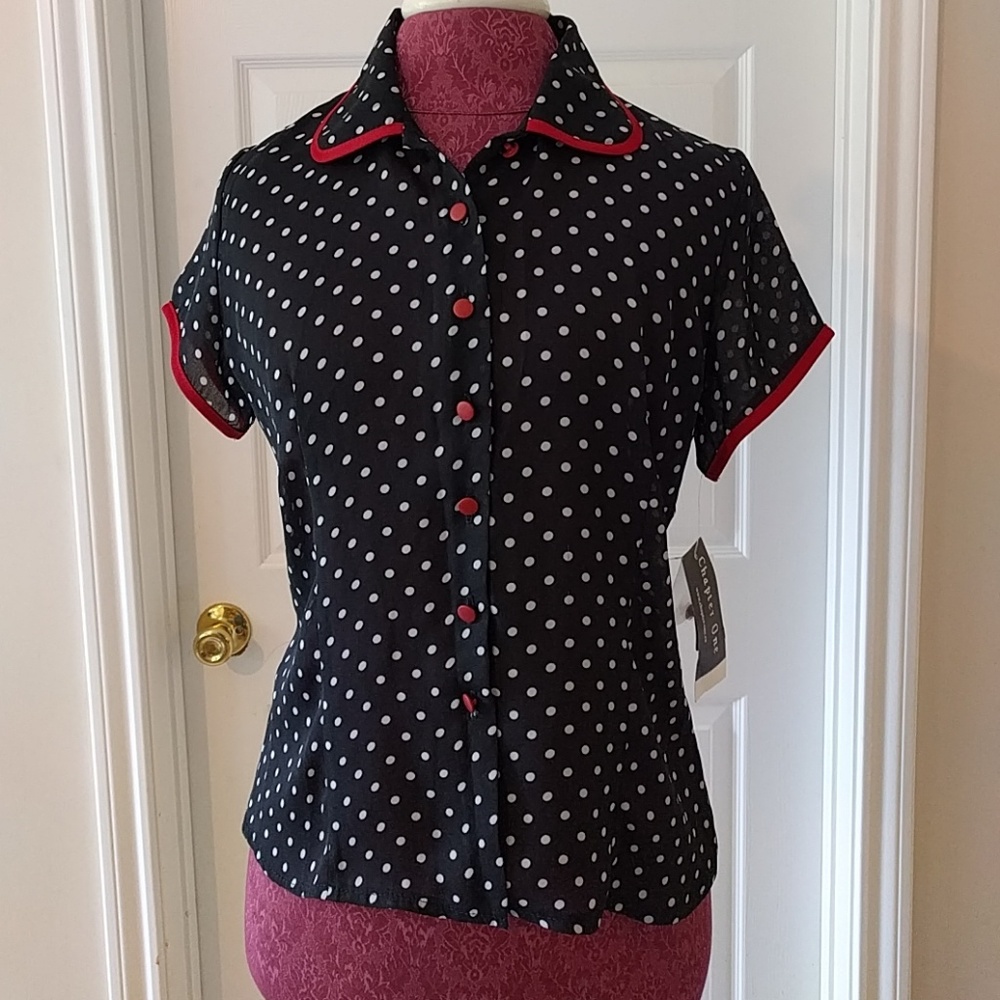 NWT Black & ivory polka dot blouse